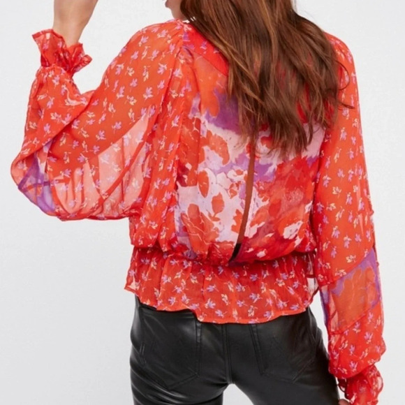 Free People Blouse Womens Small Red Floral Sheer Artsy Boho Ruffle Watercolor - Picture 2 of 14